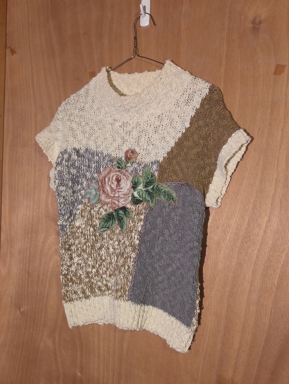 Vintage SML Sport Patchwork Rose Crewneck Sweater in Cream, Gray & Brown
